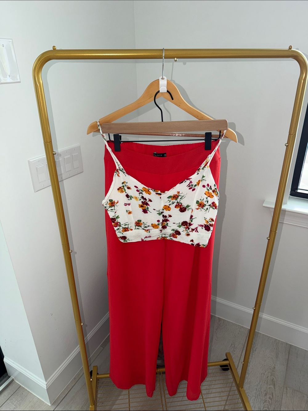 Red Wide-Leg Pants with White Floral Crop Top Set